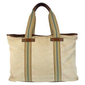 Gucci Shoulder Sherry Leather Bag Tote Canvas Beige Tan Line Brown